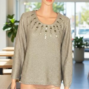 Ruby Rd. NWT Metallic Knit Beige Sweater Beaded Neckline Womens Size XL